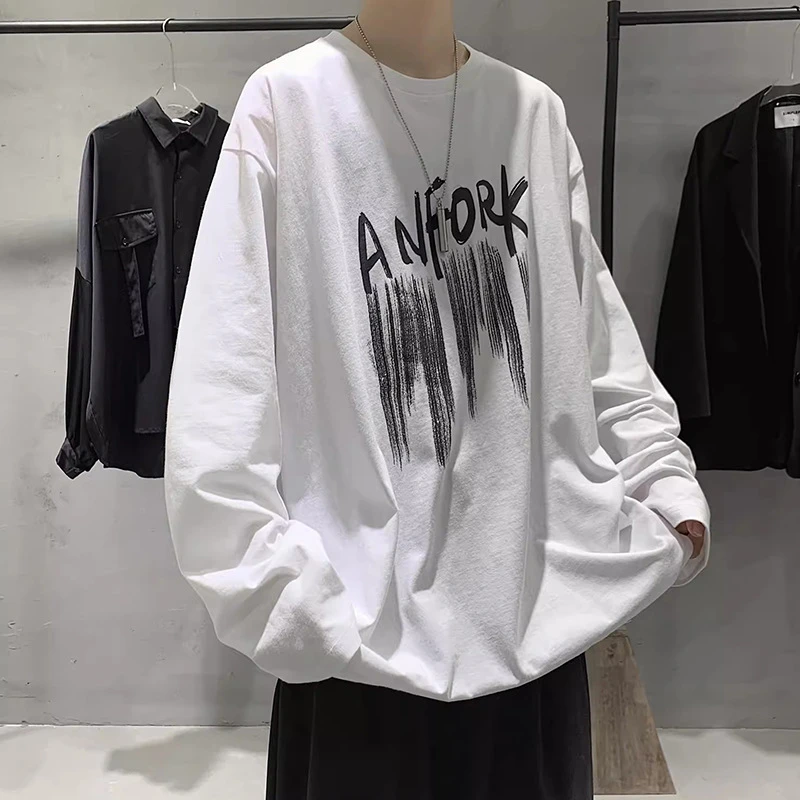 新款大码男装长袖T恤春潮百搭港风学生青年圆领上衣体恤衫