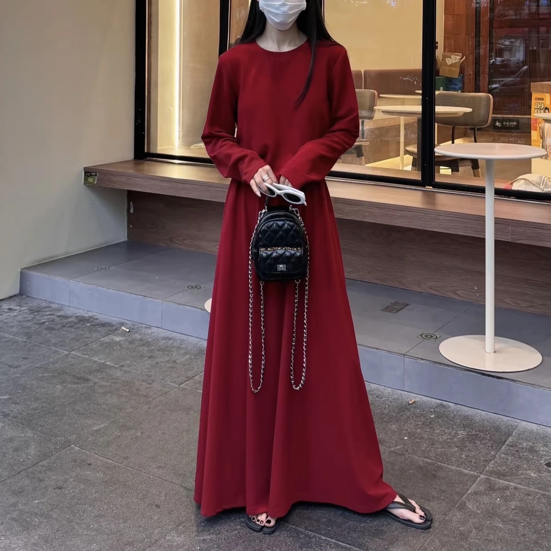 简系美学～韩系圆领后背抽绳褶皱长袖上衣➕松紧腰宽松半身裙