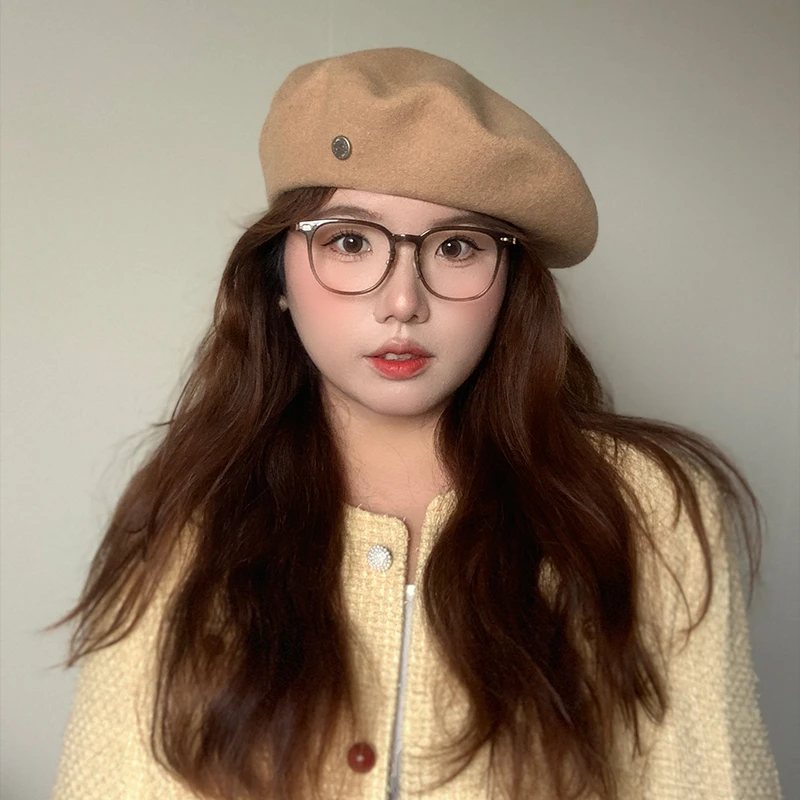 爆款纽扣圆标大饼贝雷帽女秋冬季大头围画家帽休闲百搭简约报童帽