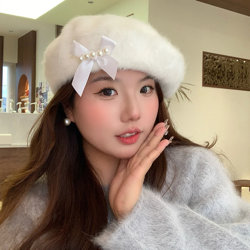 ［大头阿枝］贝雷帽女秋冬季珍珠蝴蝶结大头围毛绒帽子显脸小蓓蕾帽