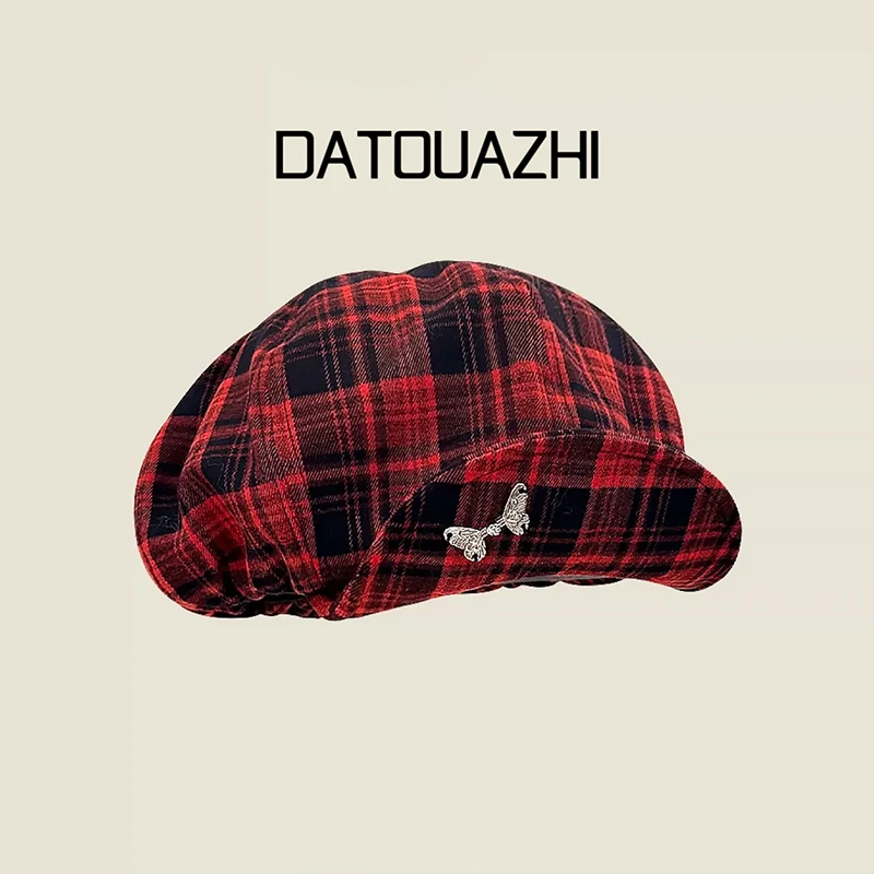 ［大头阿枝］大头围格纹云朵帽子女卷檐蝴蝶八角贝雷帽显脸小画家帽