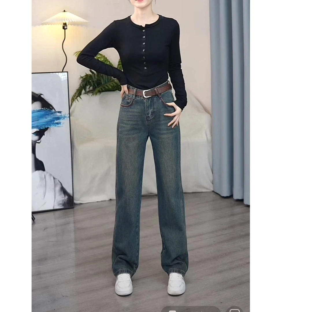 加绒/单裤）人字线安可拉红高腰窄版阔腿牛仔裤女显高显瘦宽松休闲