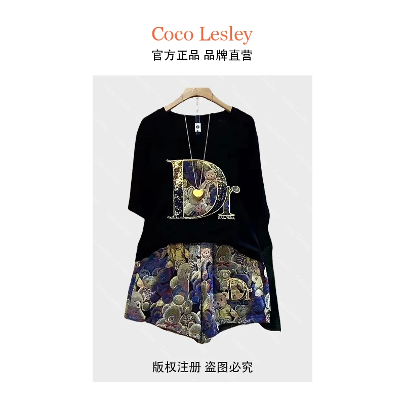 COCO LESLEY 2025夏季胖MM重工时髦卡通小熊亮片T恤衫短裤两件套