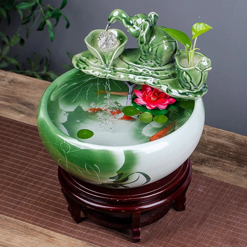 景德镇陶瓷鱼缸 循环流水金鱼缸乌龟缸加湿缸桌面缸 家用造景摆件