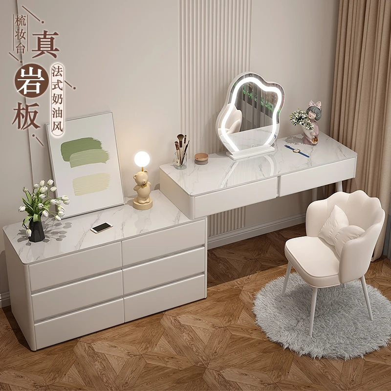 奶油风实木梳妆台收纳柜一体带灯卧室现代简约化妆桌斗柜梳妆台