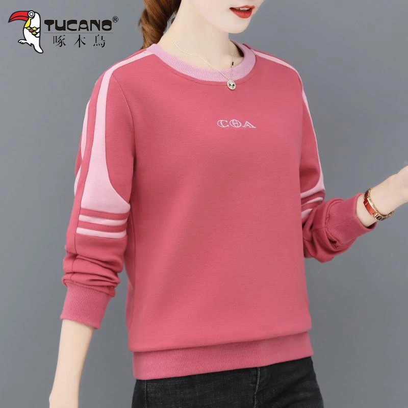 TUCANO/啄木鳥棉卫衣女士秋冬新款加绒宽松长袖中年妈妈装打底衫