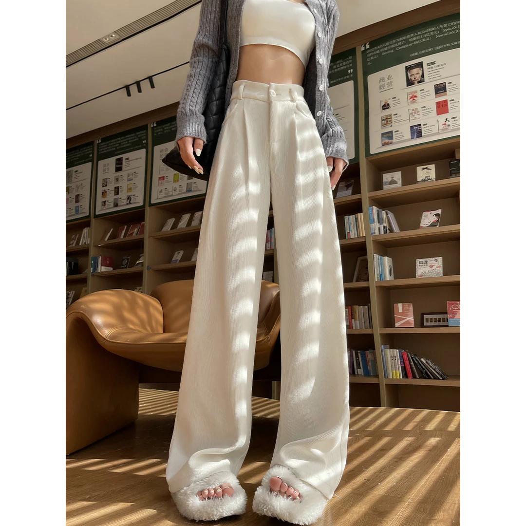 白色高腰加厚阔腿裤休闲西装裤女秋冬2024新款加绒慵懒风裤子长裤