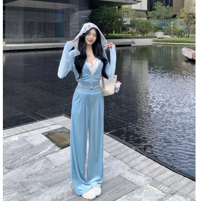 蕾丝拼接假两件连帽卫衣外套女秋冬时尚套装休闲阔腿裤蓝色两件套