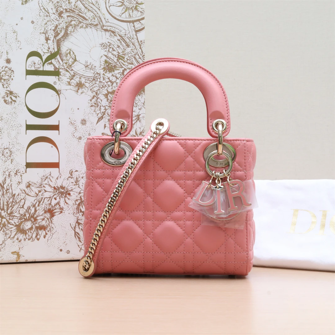99新 DIOR/迪奥 小花双双 142346 戴妃包 三格 粉色 皮革S 珐琅扣