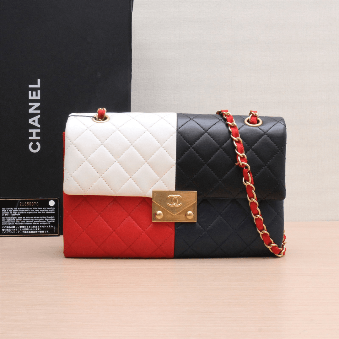 95新 Chanel/香奈儿 活动双双 拼色翻盖单肩包 拼色 21开 金扣