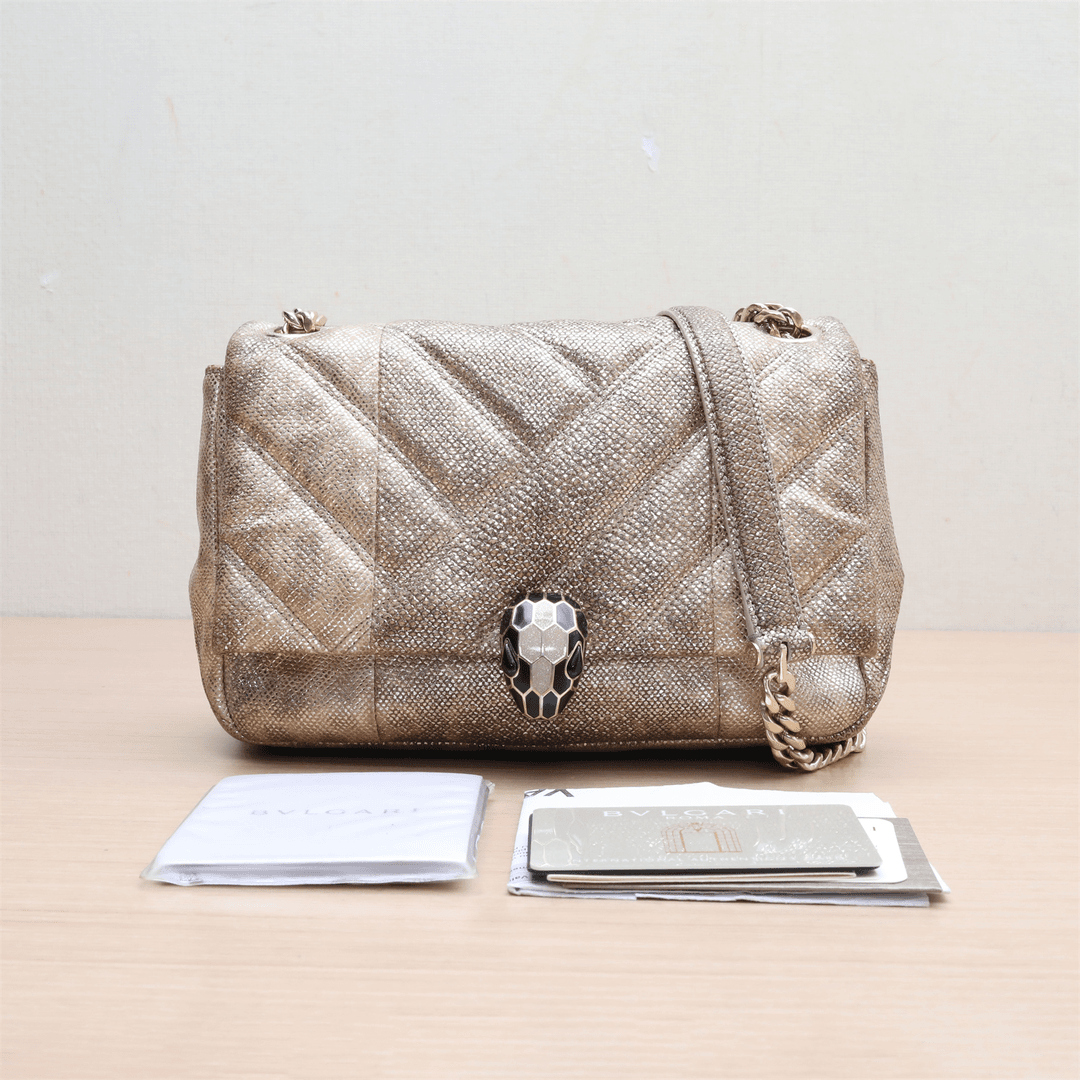 95新 BVLGARI/宝格丽 小花姑姑P224827807黑金蛇头包 金色 蛇皮
