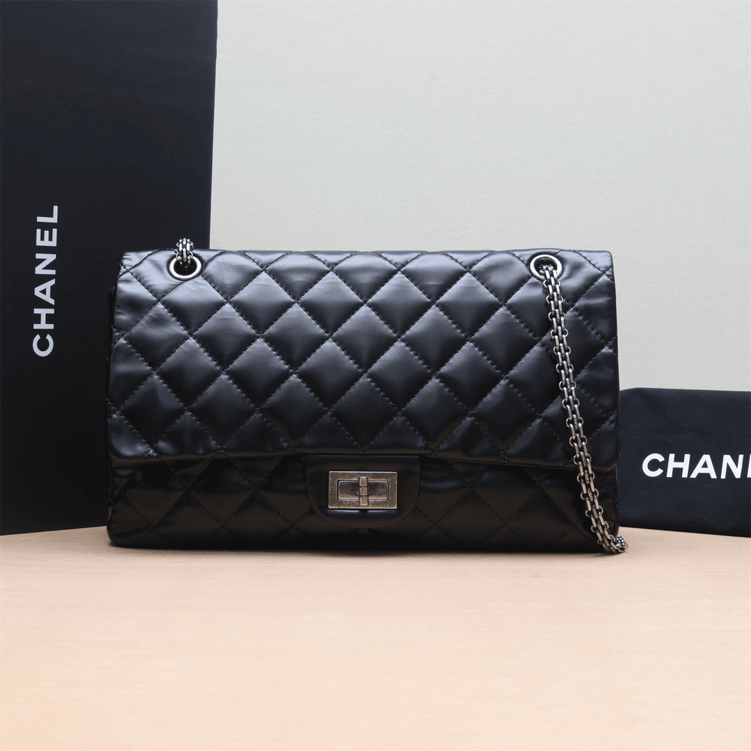 95新 Chanel/香奈儿 小花双双 605856 2.55口盖包 MAXI 黑色 15开