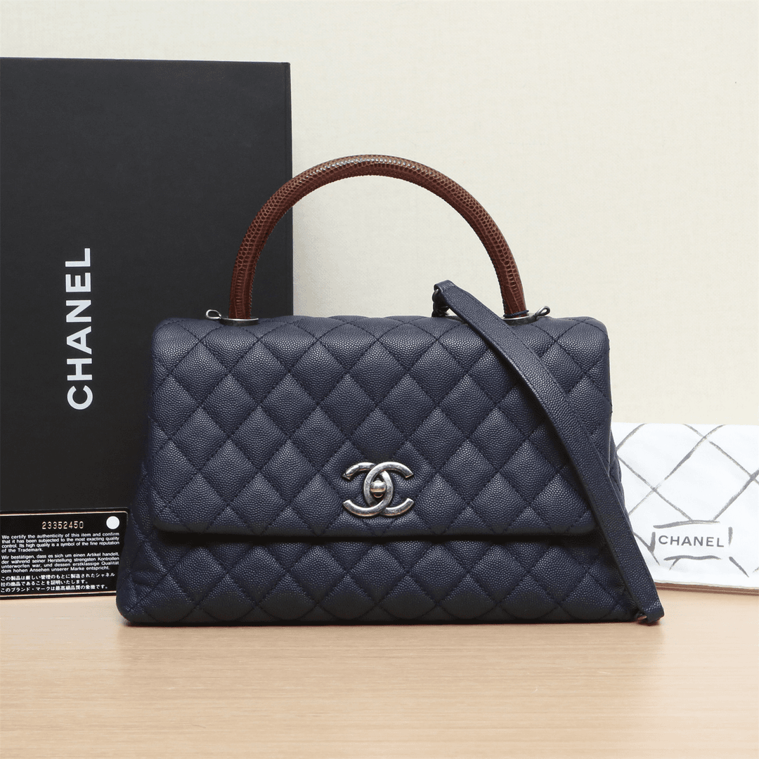95新 Chanel/香奈儿 活动黑黑 746353Handle 中号 蓝色 23开 银扣