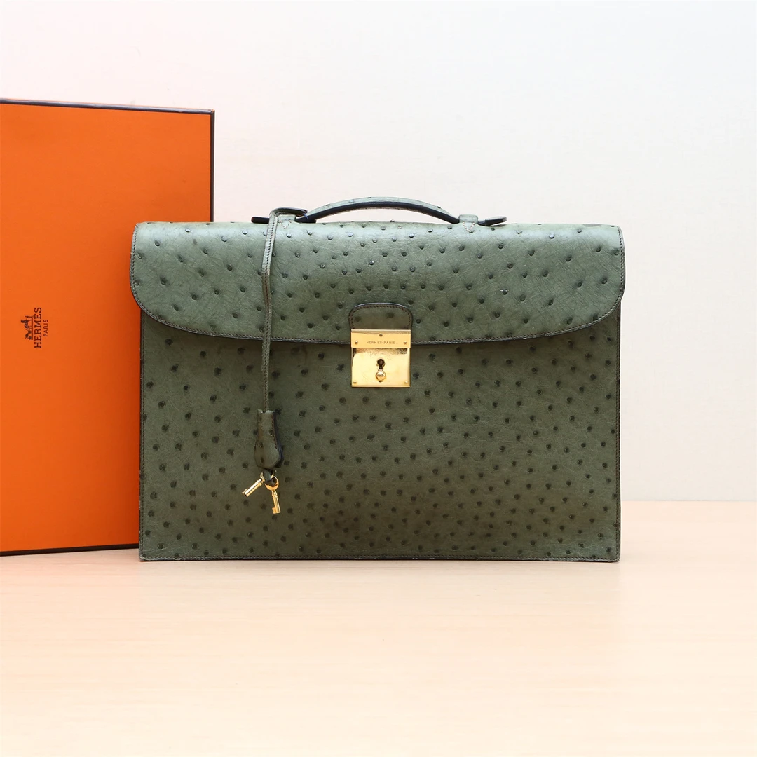 95新 Hermes/爱马仕 小花双双 P234449542 公文包 鸵鸟 6H橄榄绿