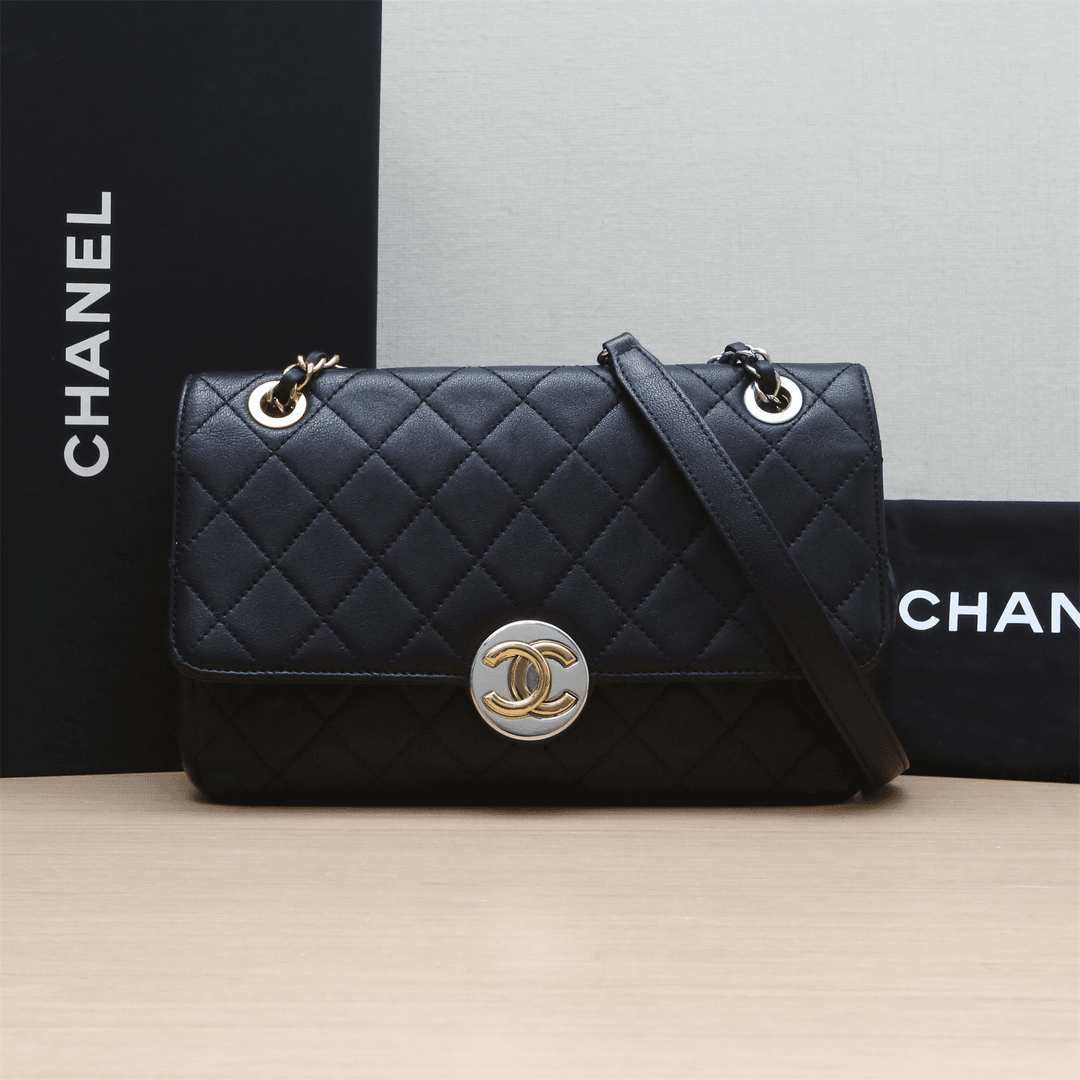 95新 Chanel/香奈儿 小花双双 178550季节款 CF 口盖包 黑色 28开