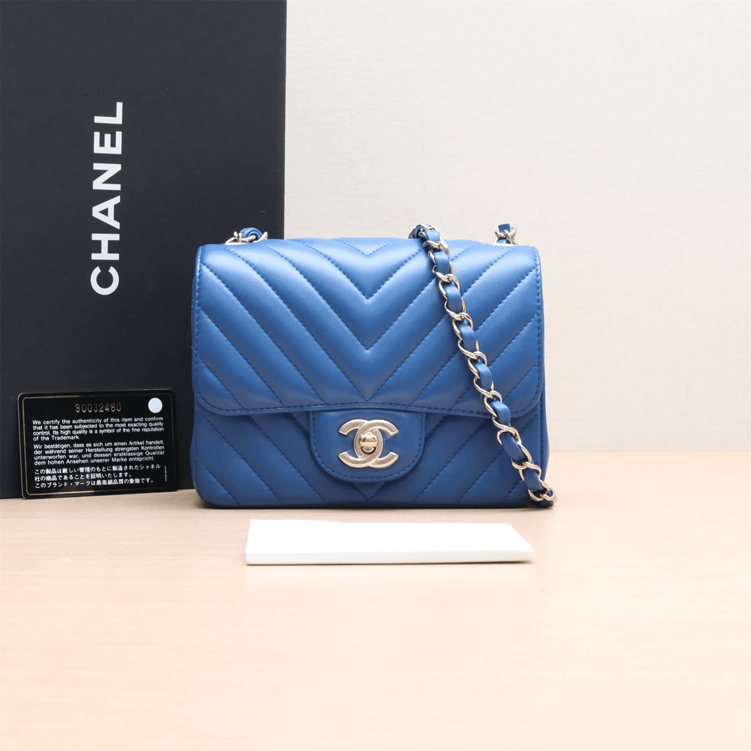 99新 Chanel/香奈儿 小花双双 827991 CF口盖包 方胖子 蓝色 30开