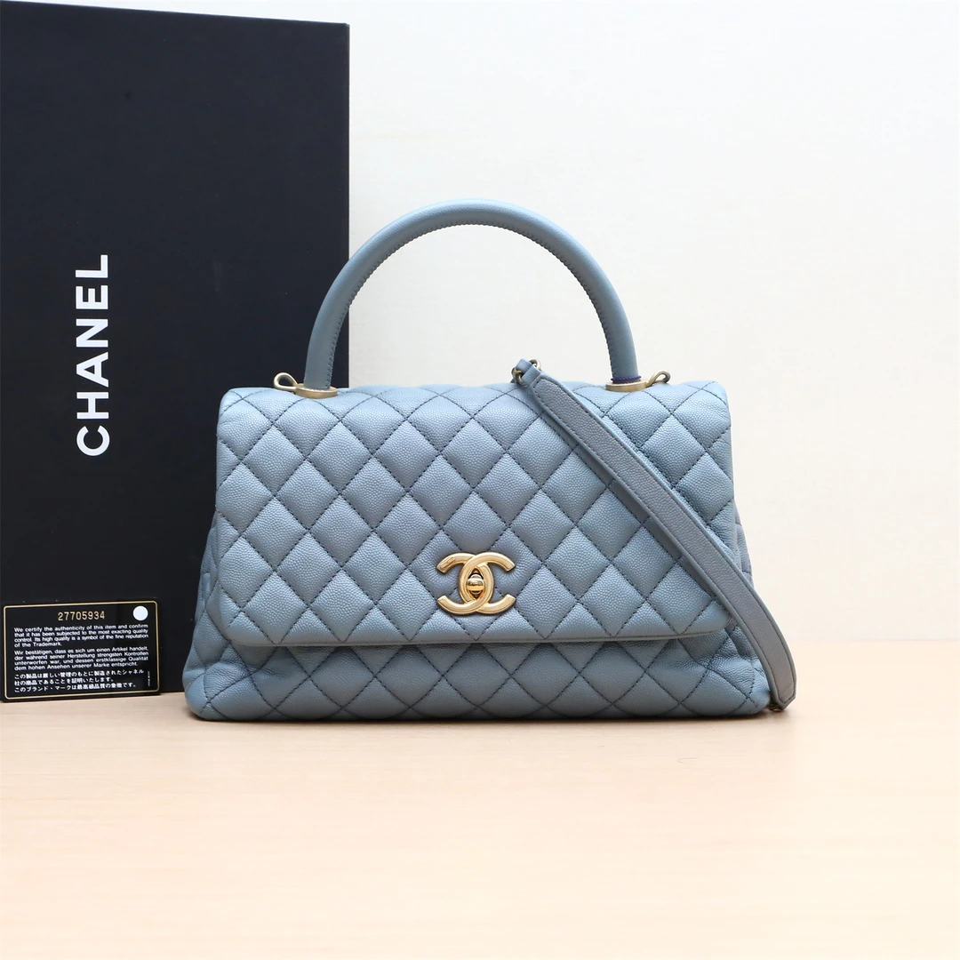 95新 Chanel/香奈儿 小花双双 243619 Handle中号 蓝色 27开 金扣