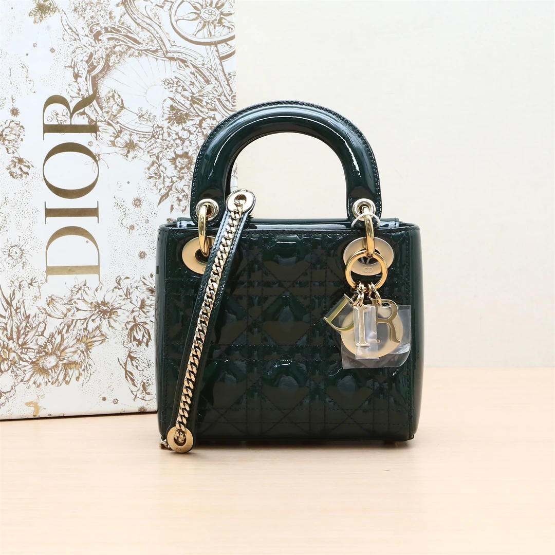 95新 DIOR/迪奥 活动黑黑 037813 戴妃包 三格 绿色 漆皮 2018