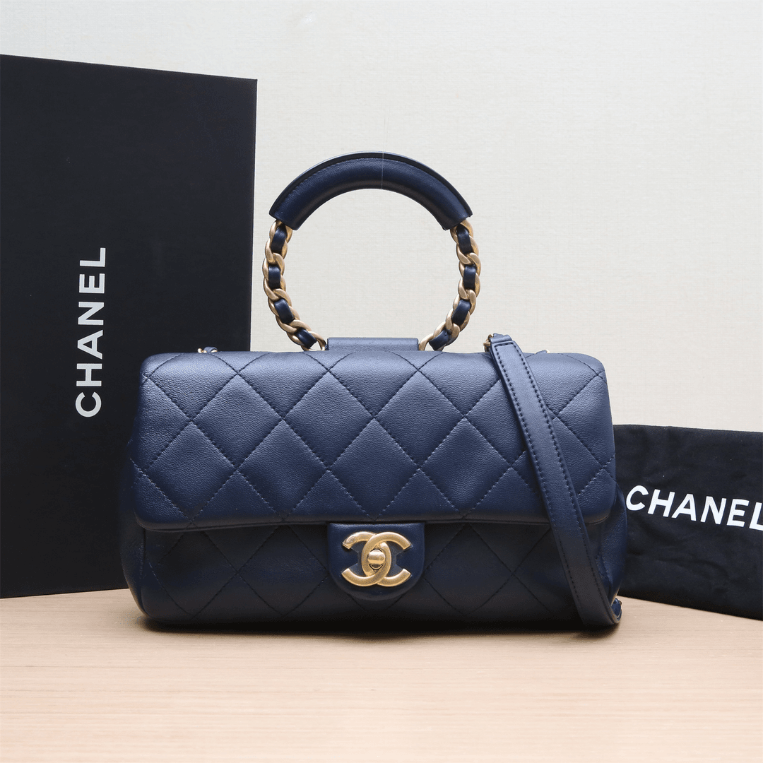 95新 Chanel/香奈儿 小花双双 448308 20C圆环金属手柄 蓝色 29开