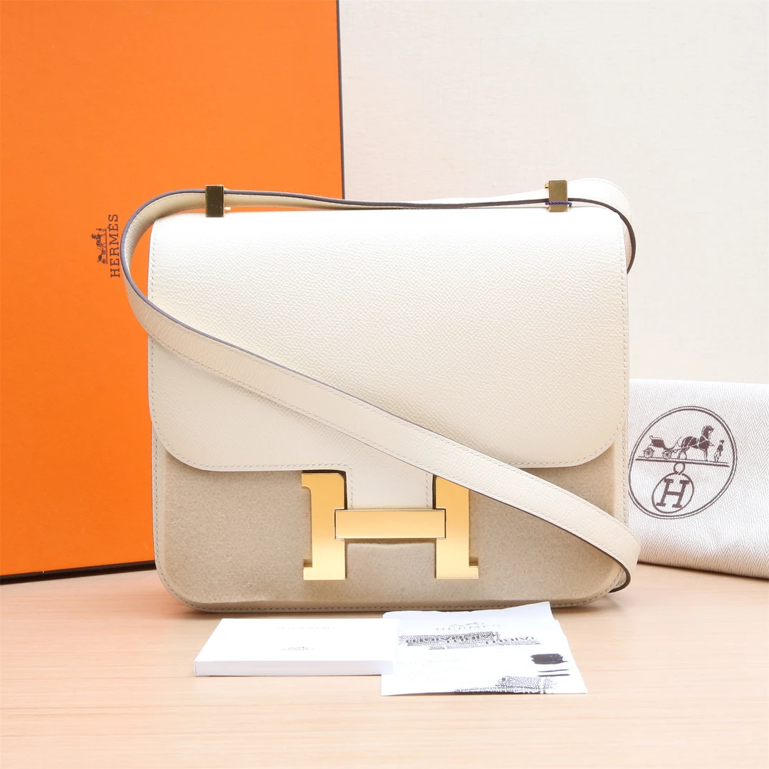 95新 Hermes/爱马仕 活动双双 康康 24 奶油白 Epsom皮 Z刻 金扣