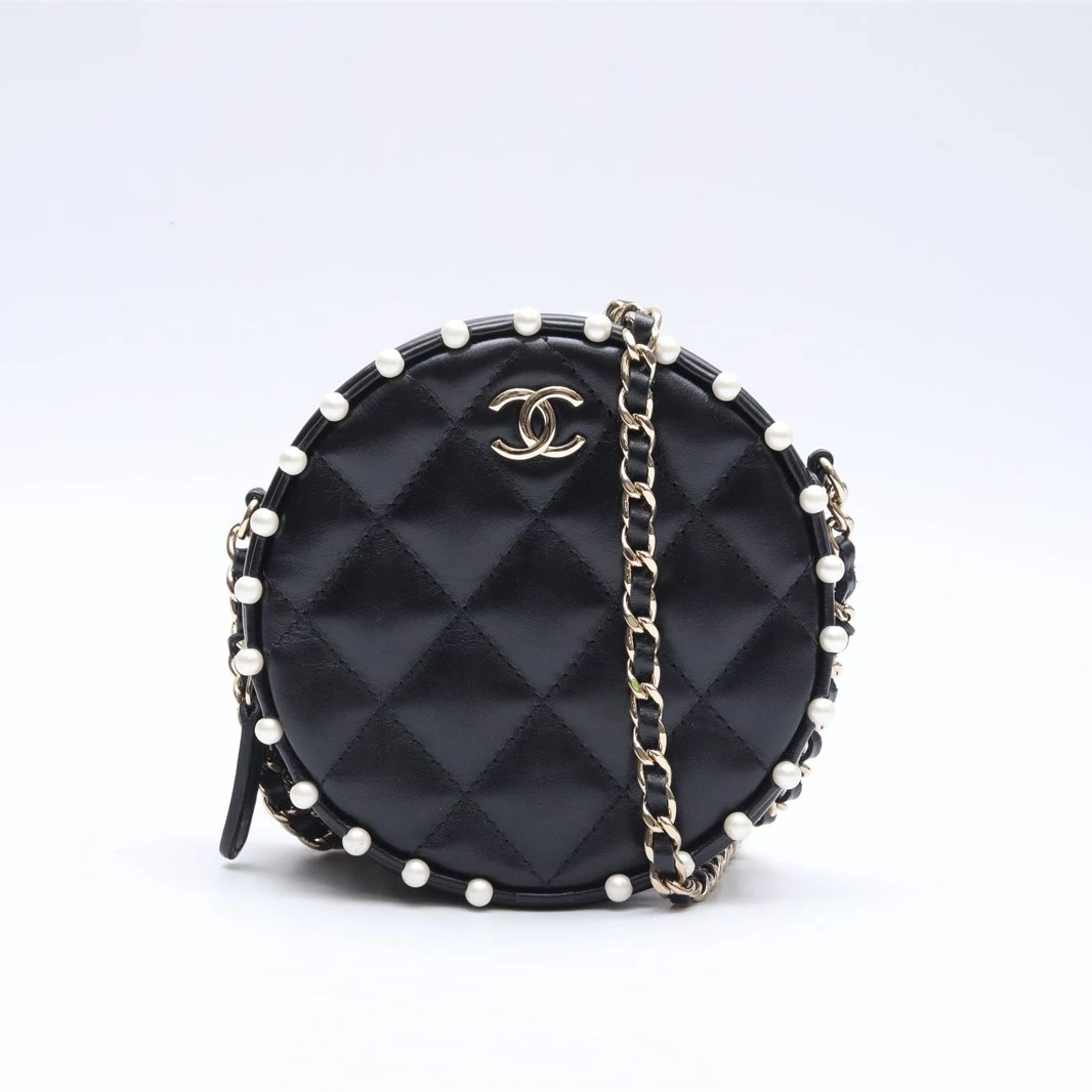 99新 Chanel/香奈儿 小花双双 039379 珍珠边mini小圆饼包 29开