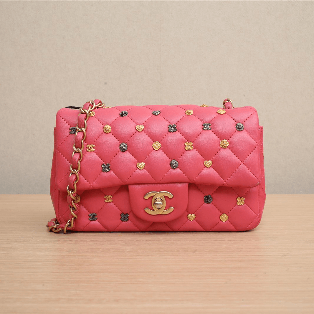 95新 Chanel/香奈儿 活动双双 CF 大MINI 口盖包 粉红色 26开