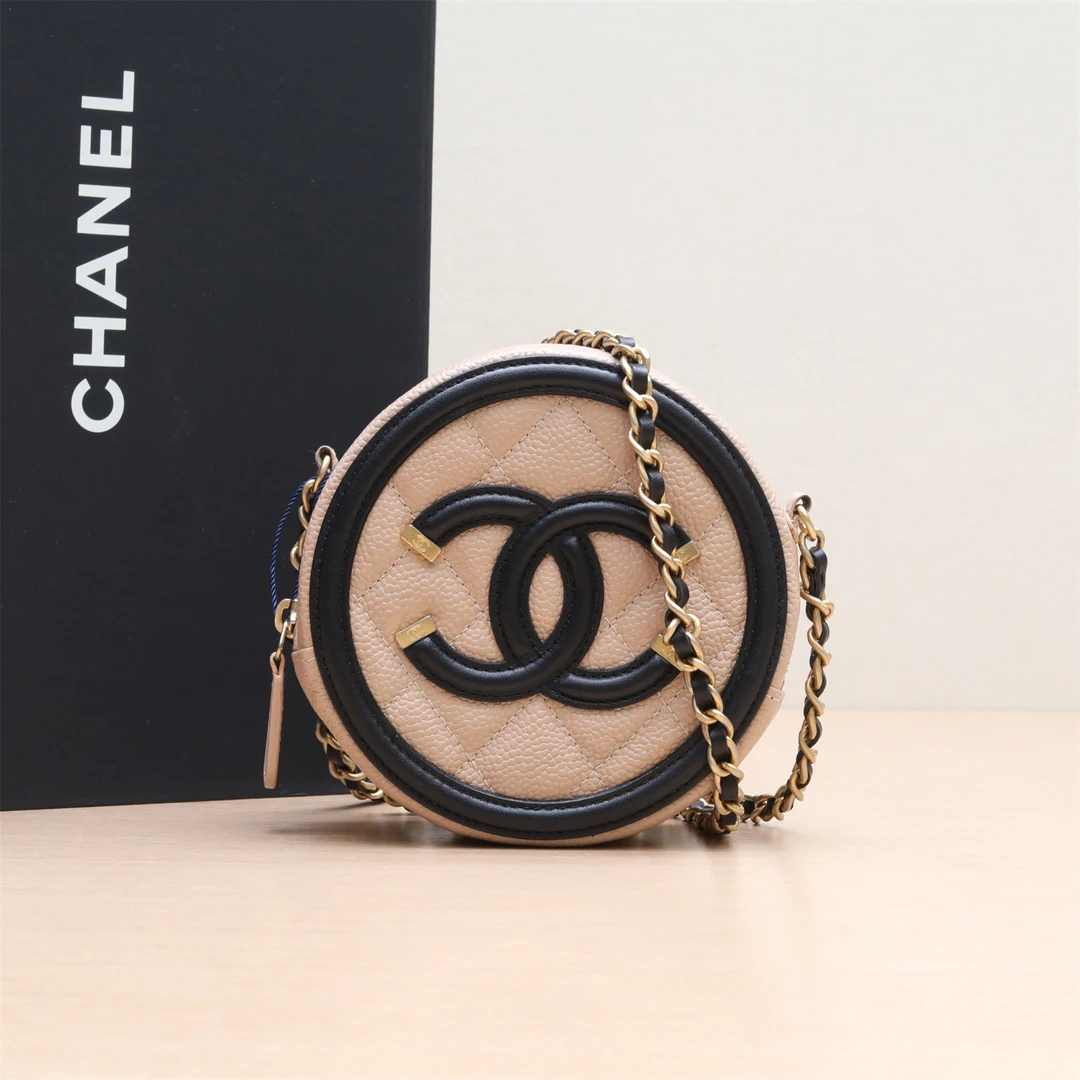 95新 Chanel/香奈儿 小花姑姑P234348534圆饼包 双C大LOGO 拼色