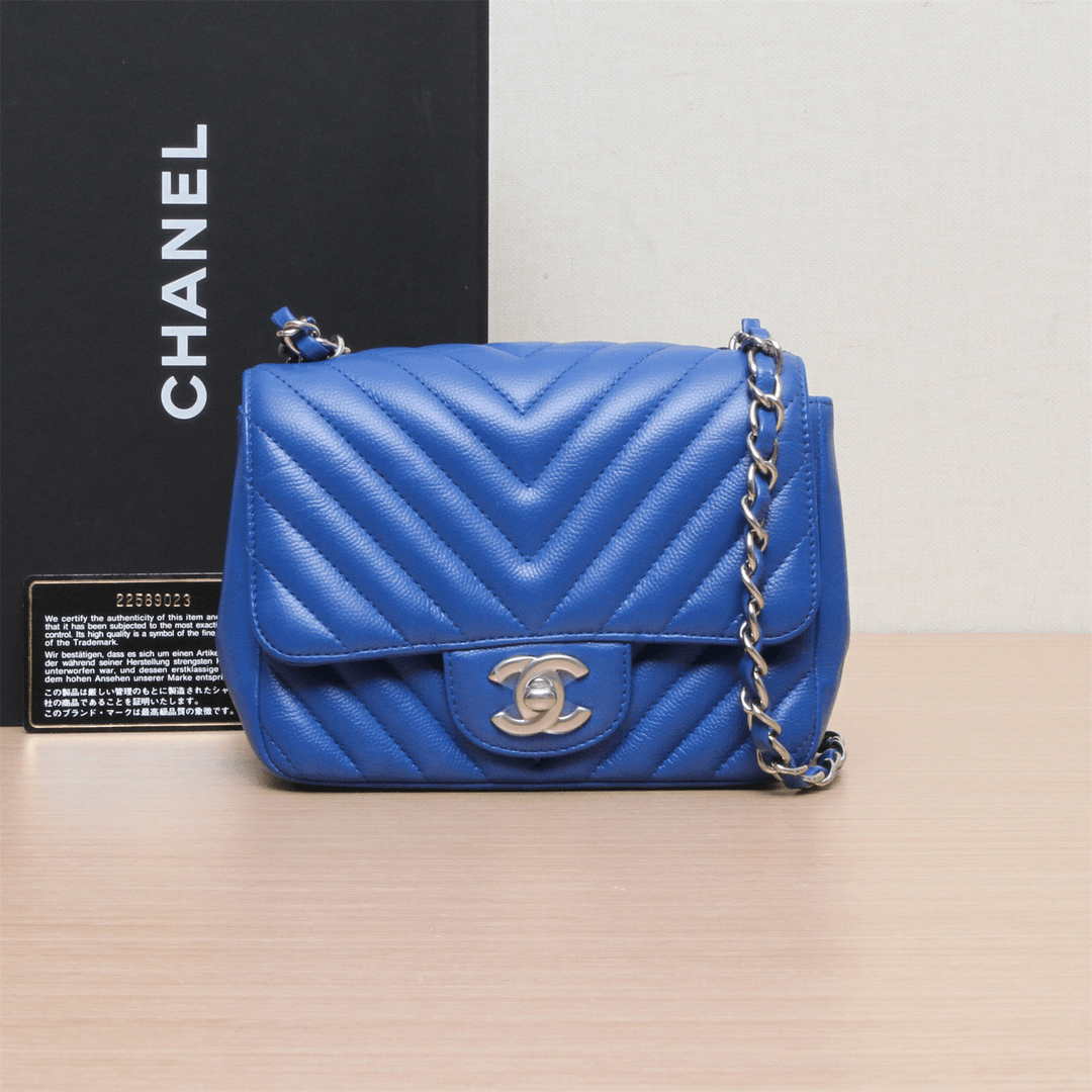95新 Chanel/香奈儿 小花双双 293778 CF 口盖包 方胖子 蓝色 V纹