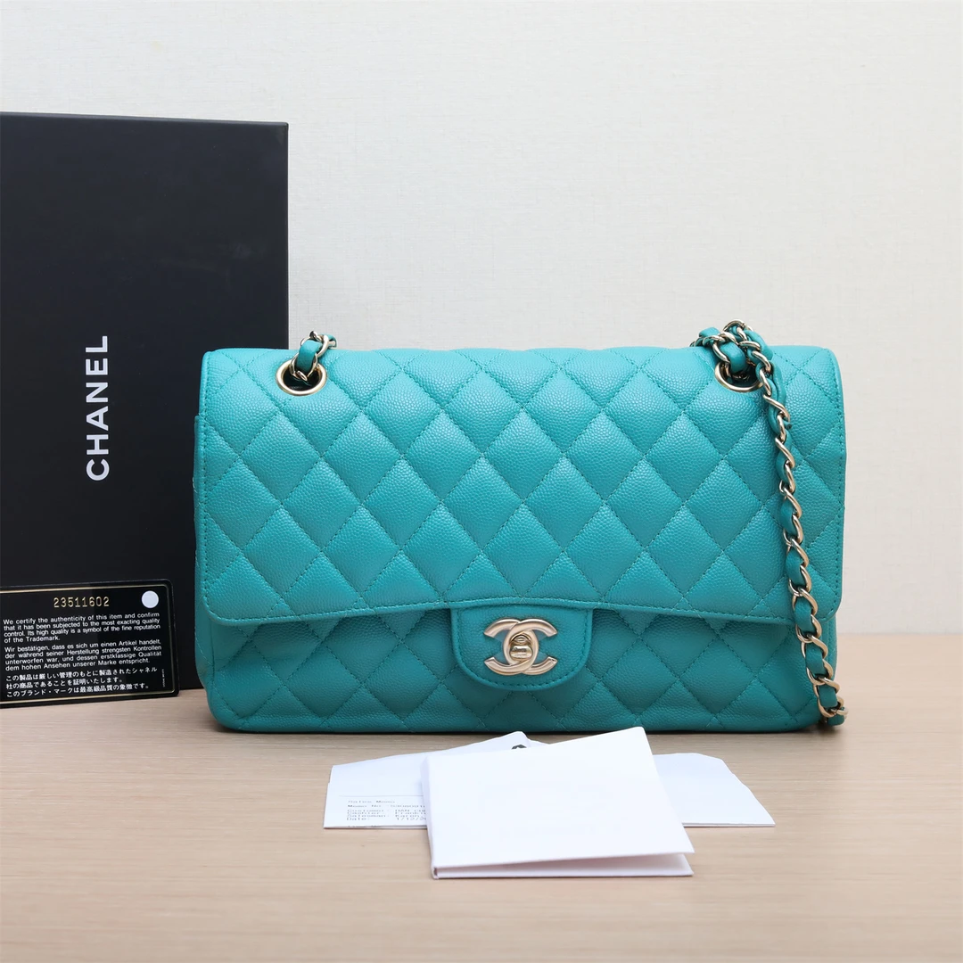 95新 Chanel/香奈儿 活动双双 CF 经典口盖包 中号 湖蓝 23开