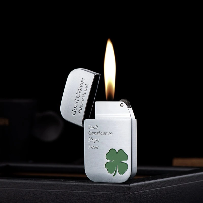 创意精致小巧BD311A金属四叶草图案砂轮翻盖明火打火机幸运男友礼