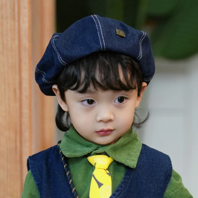 砚台家童装男女童牛仔布贝雷帽子儿童凹造型拼接时装帽宝宝蓓蕾帽