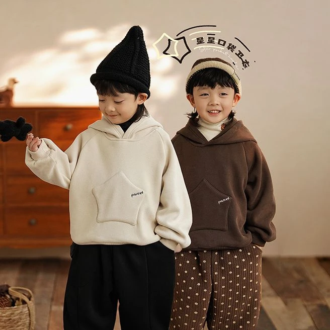 童装儿童加绒卫衣男童连帽上衣纯色套头衫衣服秋冬款潮ST-A9117