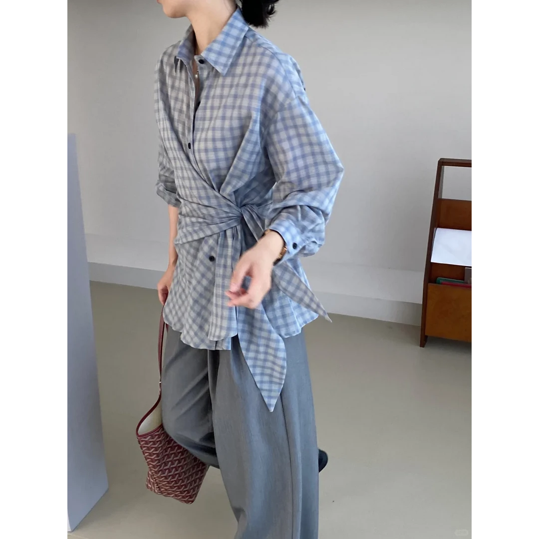 韩系复古轻熟风高级感POLO领长袖衬衫秋季收腰绑带上衣搭配灰色裤