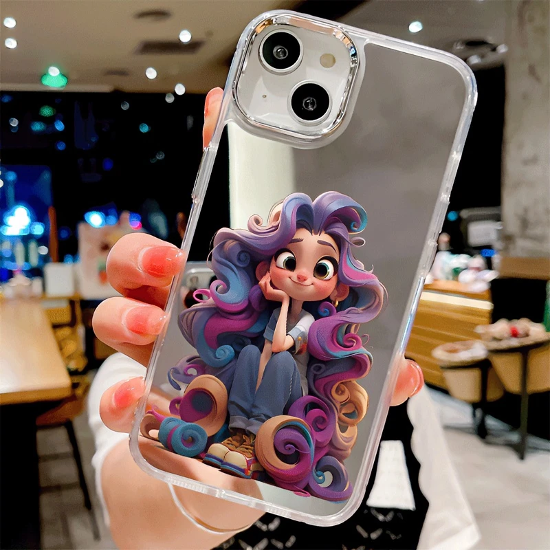 长发公主适用适用苹果13手机壳iphone14promax/x11女12补妆78镜面