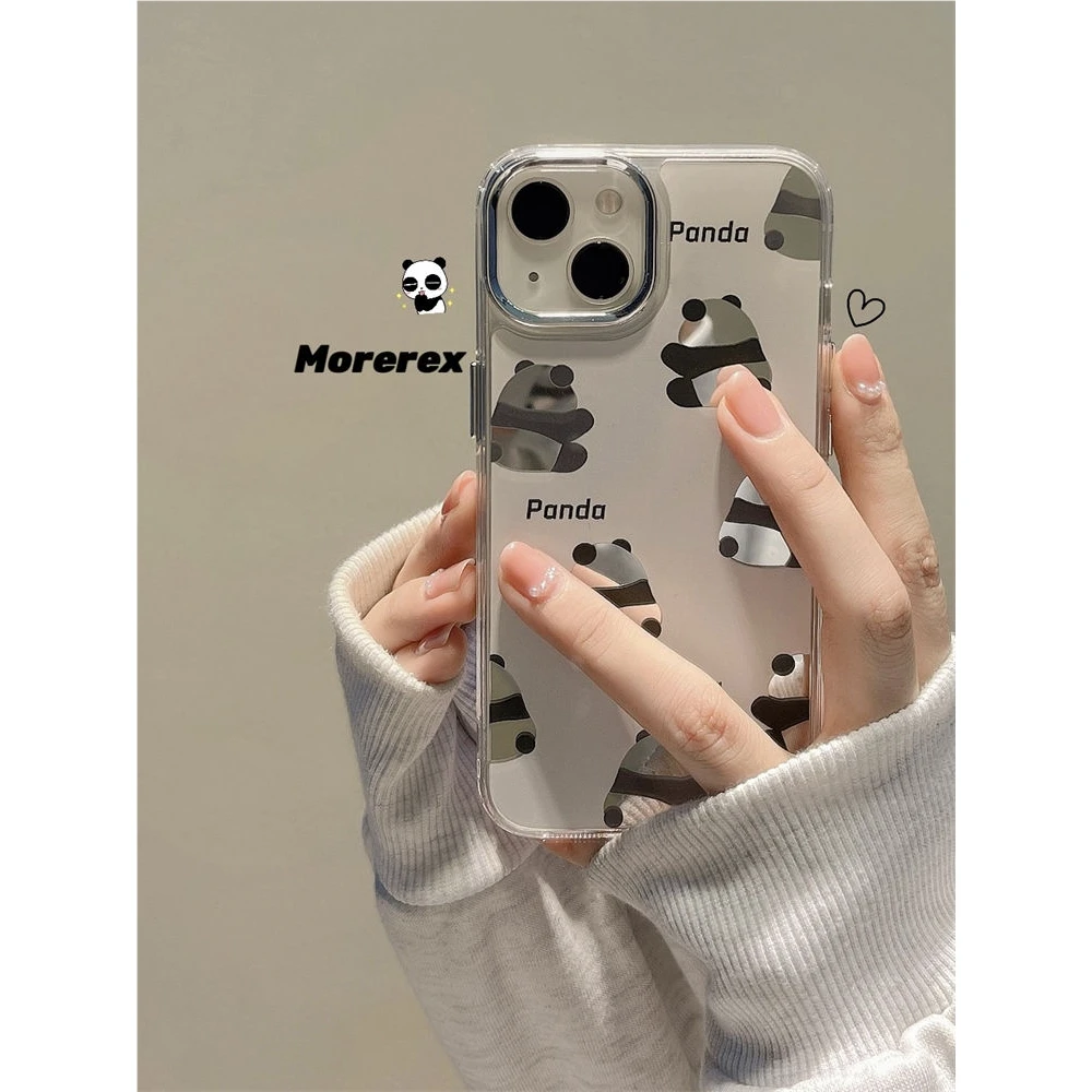 可爱熊猫镜面适用苹果14ProMax手机壳15创意iphone13新款12镜子11