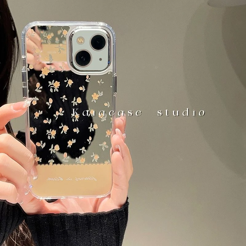 ins黄色碎花镜面iphone14promax适用苹果13手机壳12新款11简约清