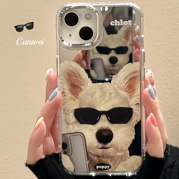 个性自拍墨镜小狗适用适用苹果14ProMax手机壳镜面iphone13全包12
