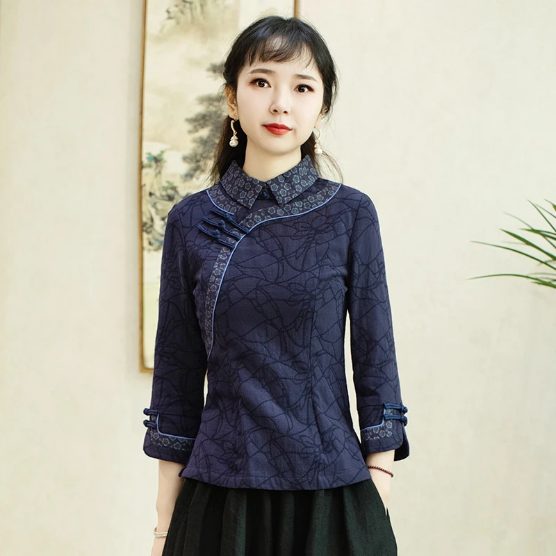 筠雅唐装女中国风棉麻旗袍上衣女秋装新款复古时尚盘扣女装J976