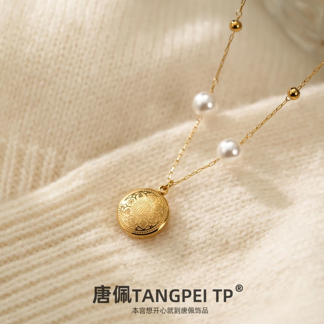 不锈钢玻璃项链 国风八宝罗盘珠珠项链气质复古毛衣链时尚饰品