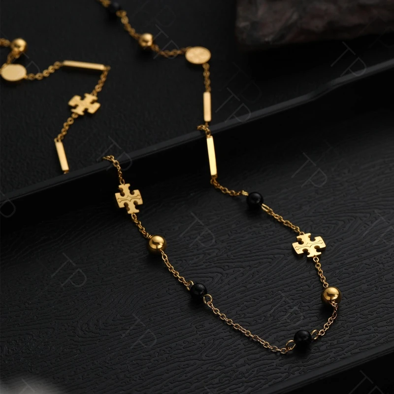 不锈钢亚克力项链 设计感拼接多配件黑色珠珠项链复古长款毛衣链