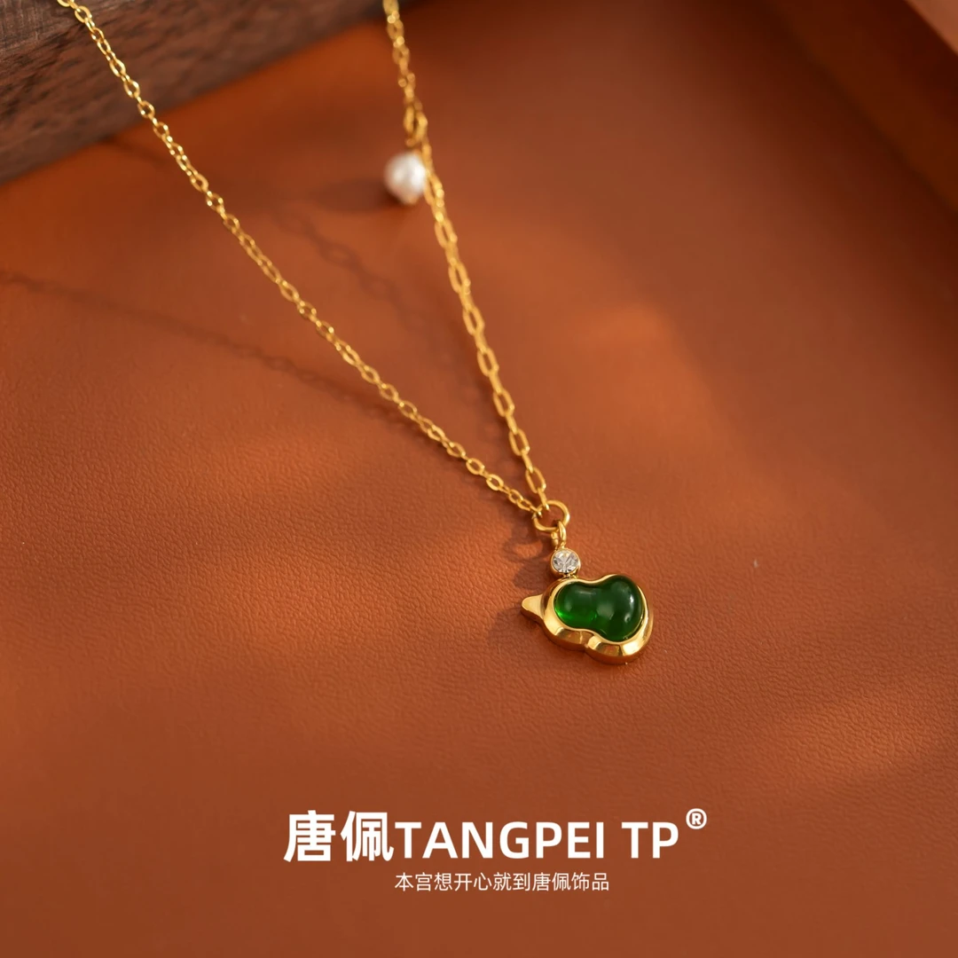 不锈钢项链 设计感新中式绿色葫芦项链中国风简约时尚饰品