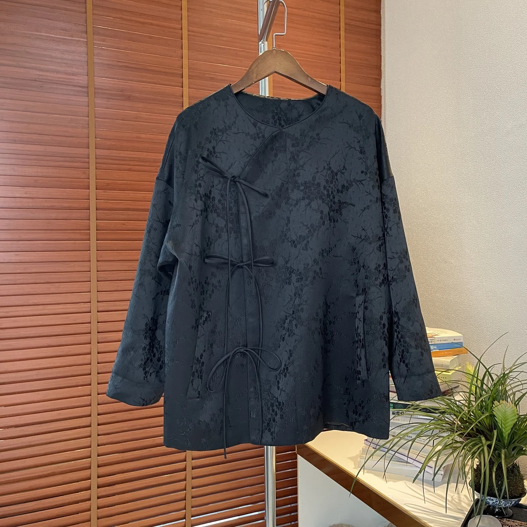 秋冬新中式女明星幂同款国风网红外套宽松复古新款时尚黑色上衣爆