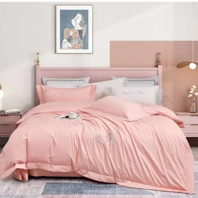 【直小妹】卡萝琳系列全棉磨毛超柔加厚轻奢简约纯色绣花高档四件套