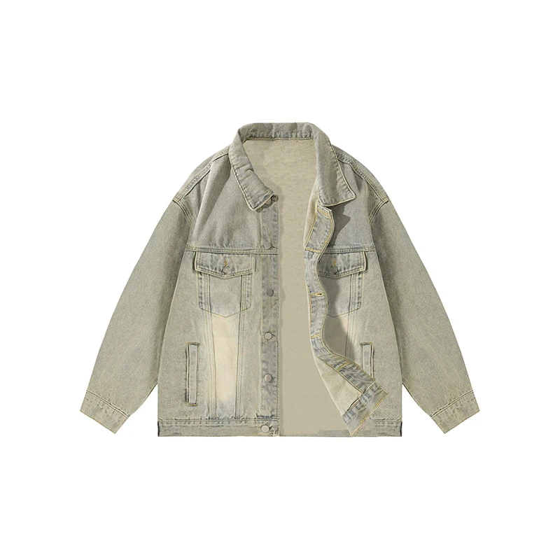 P8H9美式复古高街水洗做旧潮流百搭翻领休闲牛仔外套男女同款