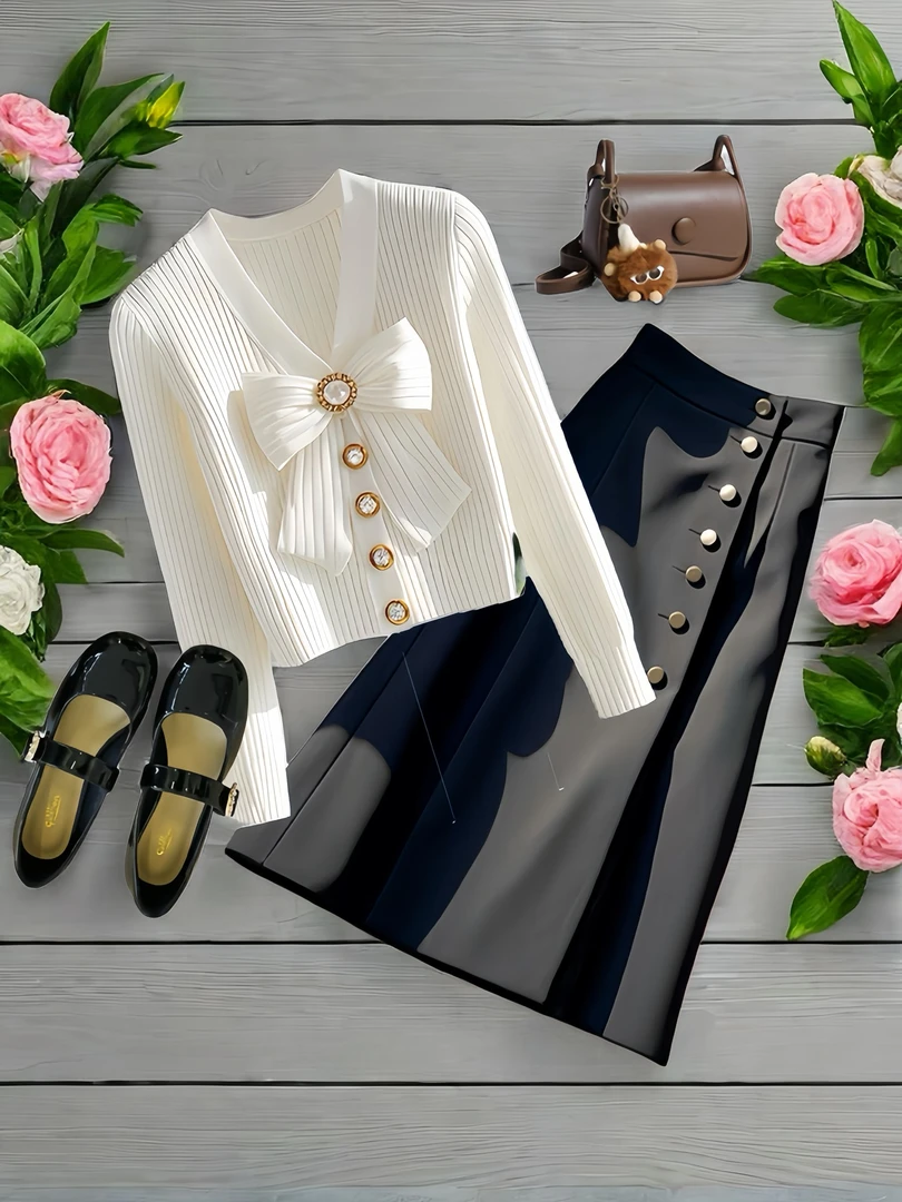 2025秋季高端欧货轻熟风洋气独特别致气质针织上衣半身裙两件套女