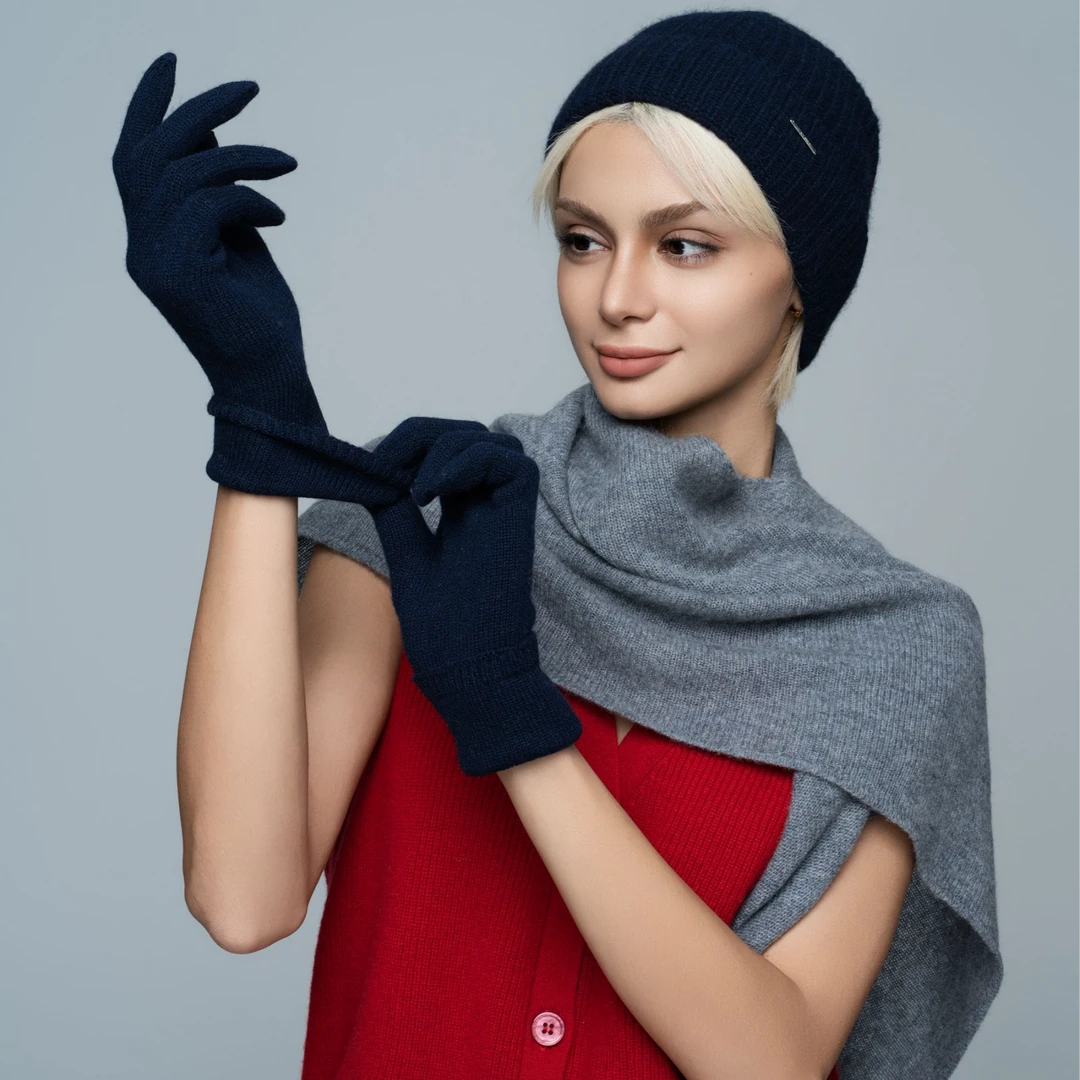 WANMU｜【法国外单】100%纯羊绒分指折边手套纯色保暖弹力暖手套时尚