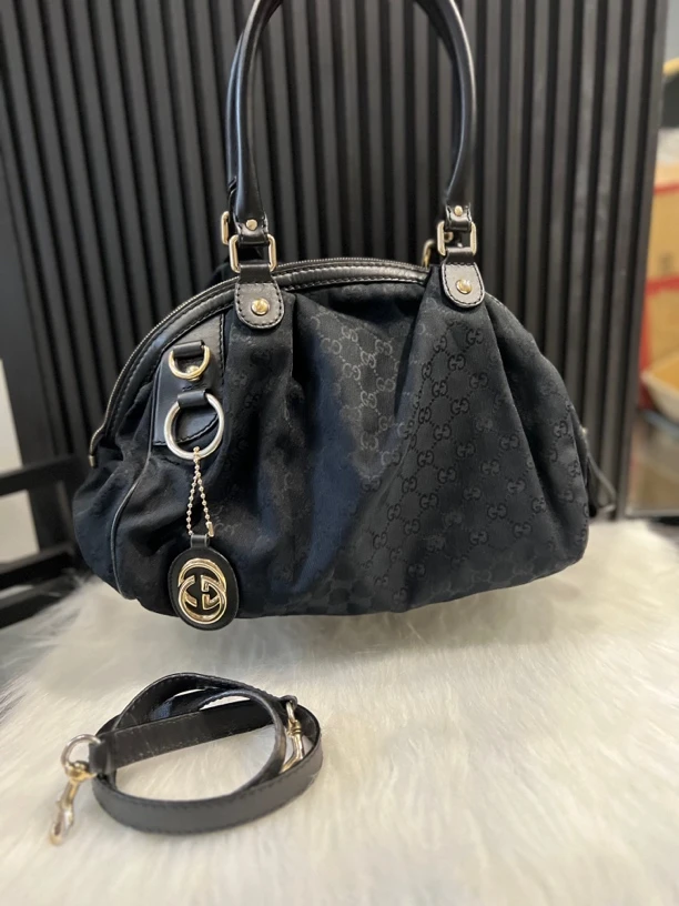 95新 GUCCI/古驰 黑色老花/中古/饺子包腋下包