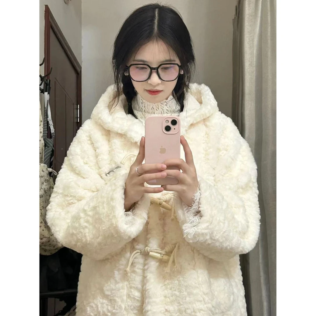 牛角扣毛毛外套女冬季贴标环保皮毛一体中长款连帽上衣502