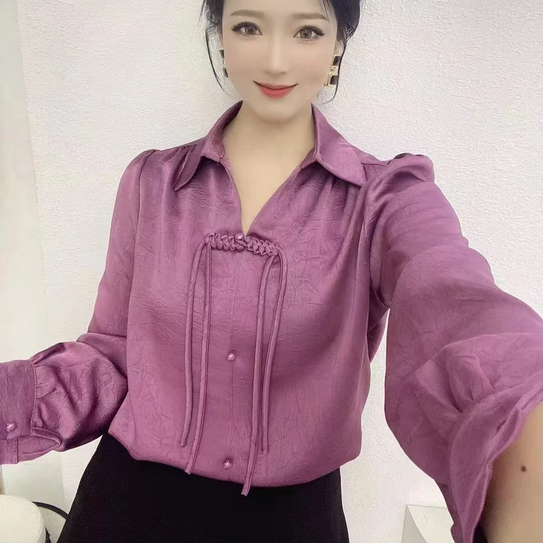 中式盘扣衬衫百搭2024复古新款气质减龄时尚长袖上衣女【578】