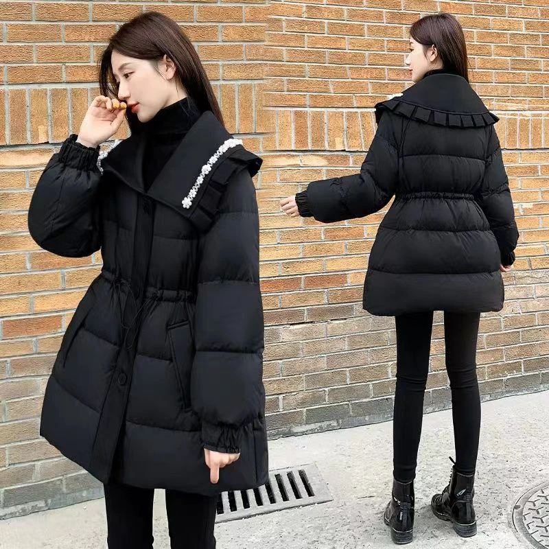 新款气质宽松中长款羽绒服女黑色重工钉珠收腰加厚保暖外套